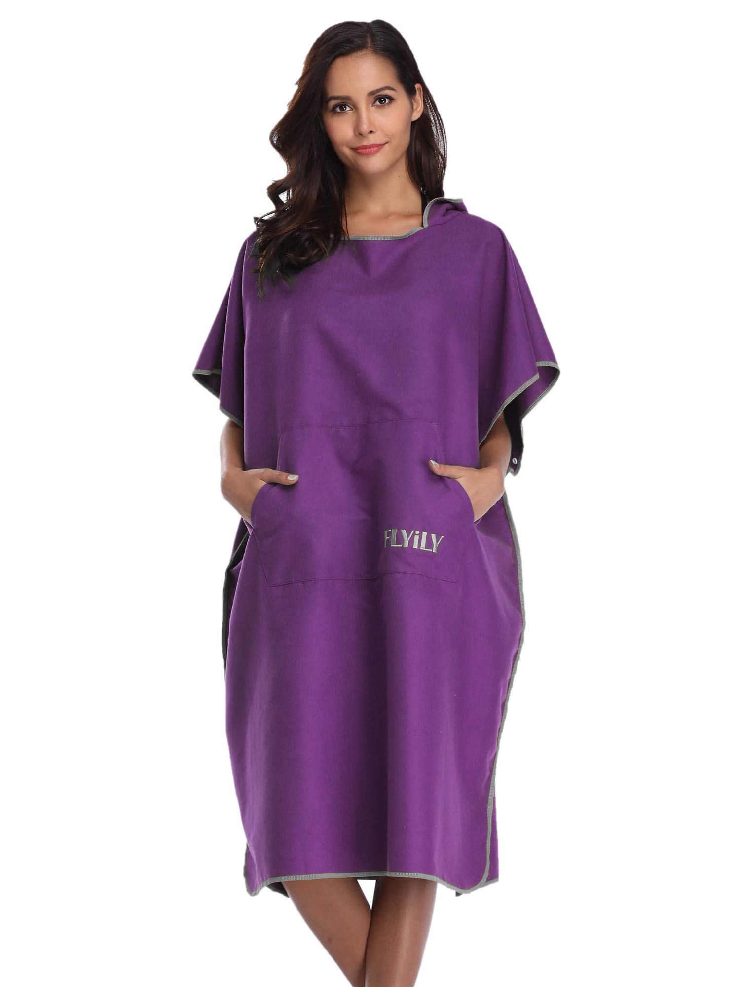 FLYILY Ultra Light Poncho Towel, Surfing Changing Towel Dress with Hood Microfibre (Purple, L)