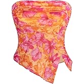 Milumia Women Floral Mesh Strapless Ruched Tube Top Split Hem Sleeveless Bandeau Crop Tops