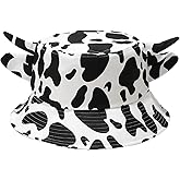 Cow Print Bucket Hat with Cute Horn Ears Cow Print Summer Beach Sun Hat Fisherman's Cow Bucket Hat