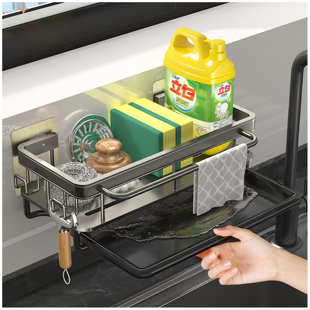 Wall Mounted Kitchen Sink Caddy, No Drilling Sponge Holder for Sink Tidy, Washing Up Organiser with Removable Drip Tray and Hooks (Gray)