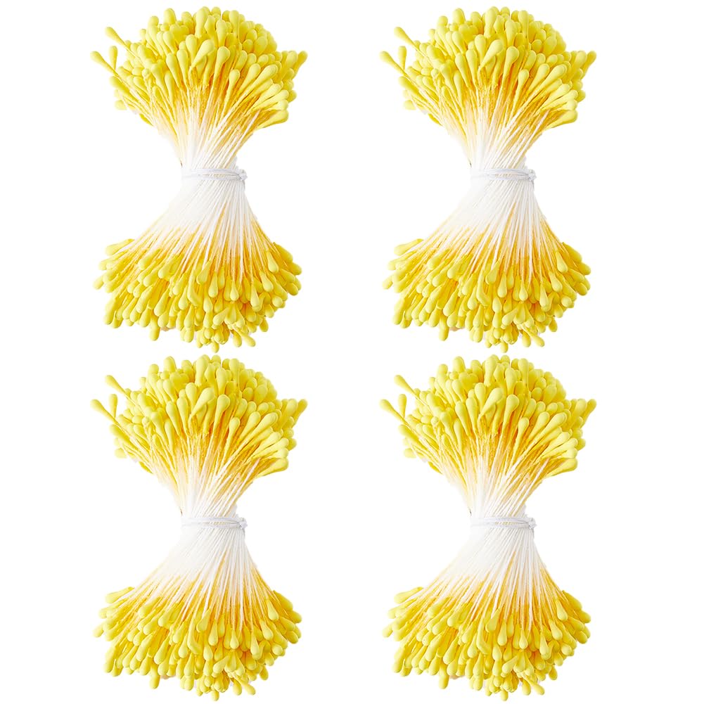GORGECRAFT 1600PCS Yellow Double Heads Handmade Flower Stamen Flower Stamens Pistil Artificial Pearlized Floral Pollens Stamen for Flower Making Scrapbook Decoration Handicrafts