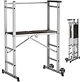 APARECIUM Foldable Aluminum Scaffolding, Portable Scaffolding Ladder, Rolling Scaffolding Work Platform, Scaffold Tower, Ladder Stool Work Bench, Adjustable Work Platform, 330 Lbs Duty Rate