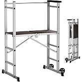 APARECIUM 5' Foldable Aluminum Scaffolding, Portable Scaffolding Ladder, Rolling Scaffolding Work Platform, Scaffold Tower, Ladder Stool Work Bench, Adjustable Work Platform, 330 Lbs Duty Rate