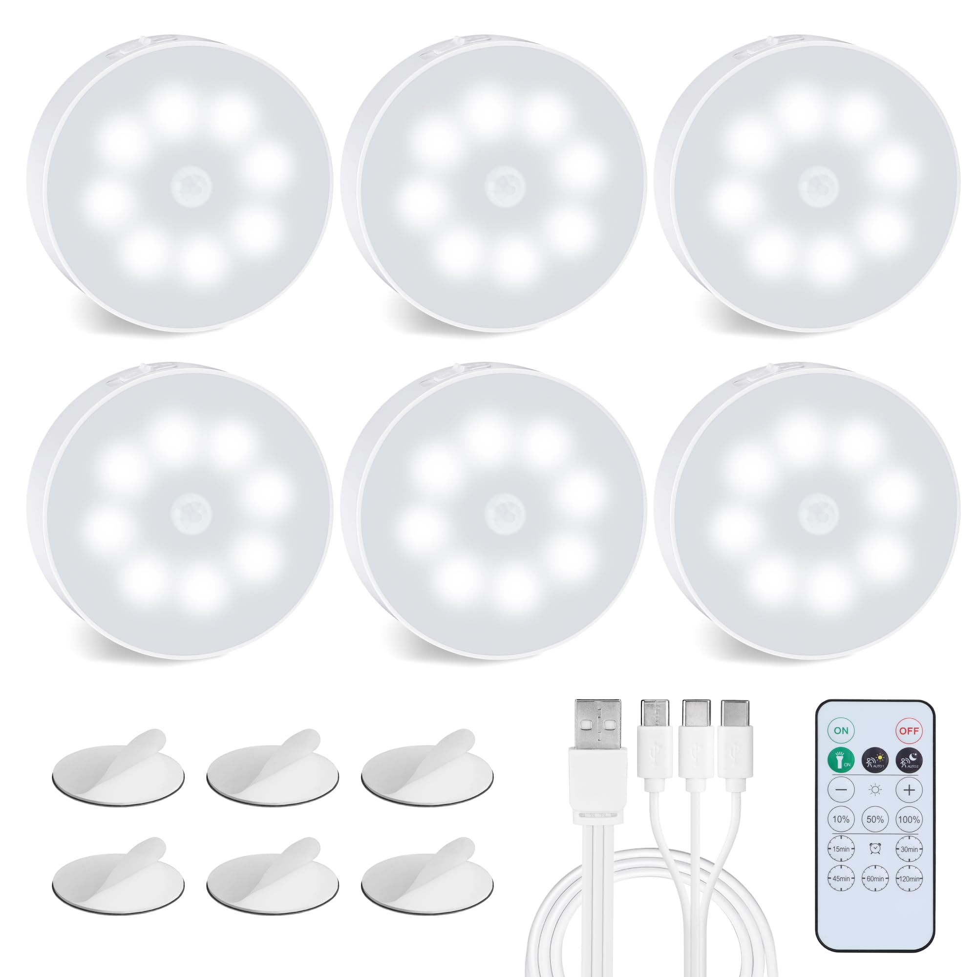 EverBrite 6 Pack Puck Lights with Remote, Wireless Closet and Under Cabinet Lights, Rechargeable Motion Sensor, Dimmable, Timable, Magnetic Attract - for Closet, Drawer, Stair, Bedroom