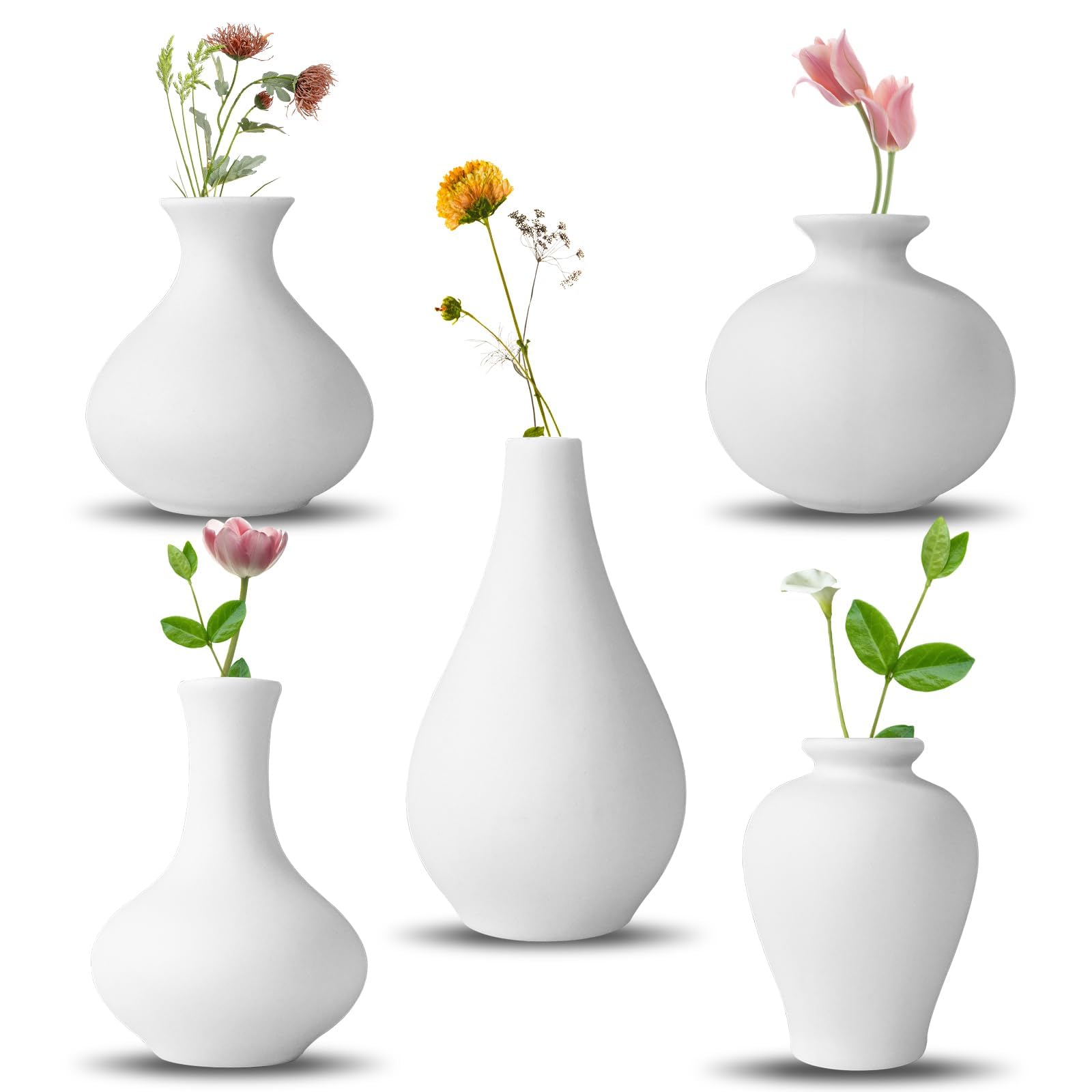Ceramic Vase Set, 5 White Mini Flower Buds Vase, Flower Vases for Modern Home Decor, Decorative Vase for Pampas Grass, Living Room, Shelf Decor, Dining Table, Bookcase, Mantle, Entrance (White)