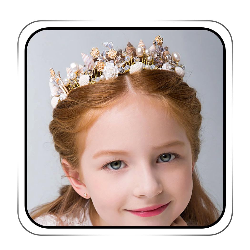IYOU Princess Flower Shell Headband Gold Communion Headpiece Pearl Crystal Hair Tiaras Bridal Wedding Hair Accessories for Girls and Bridesmaid