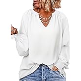 Eytino Womens Plus Size Tops Sexy V Neck Smocked Long Sleeve Casual Chiffon Blouse Flowy Work Shirts(1X-5X)