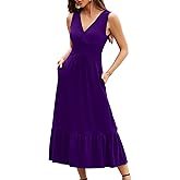 Womens Summer V Neck Dress Empire Waist Maxi Wedding Guest Cocktail Dresses Ruffle Hem A-Line Flowy Long Formal Outfits