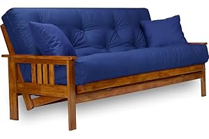 Nirvana Futons Stanford Futon Set - Queen Size, Frame, 8" Mattress, Twill Royal Blue Cover