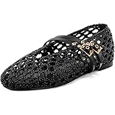 SHOBOO Women's Woven Mary Jane Flats - Mesh Ballet Flats with Adjustable Double Metal Buckle Strap and Round Toe