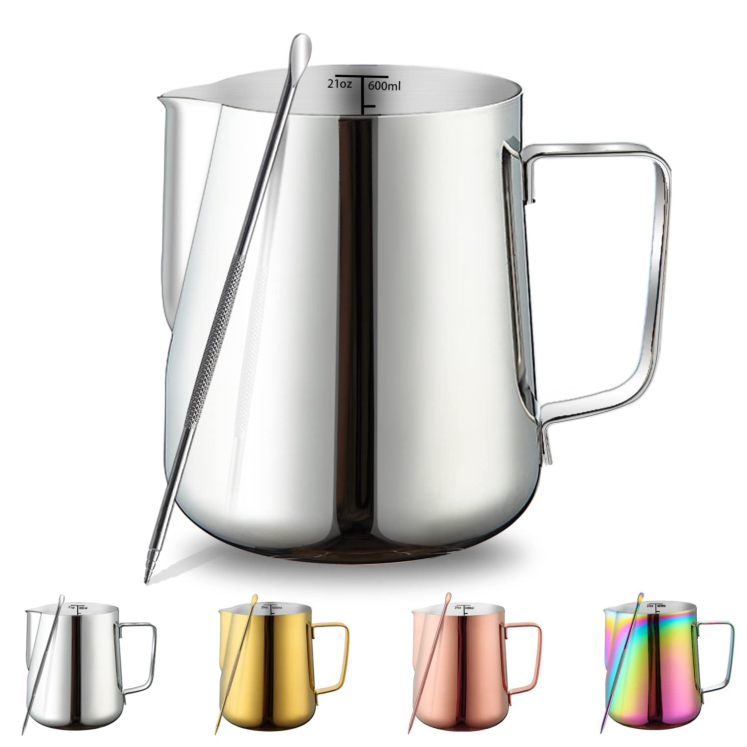Milk Jug 21oz 620ml, Kyraton Stainless Steel Espresso Steaming Pitchers with Decorating Pen, Milk Frother Jug Cappuccino Latte Art Barista Steam Pitchers Milk Jug Cup (Silver)