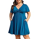 Manllenshie Womens Plus Size Summer Dress Casual Short Sleeves Deep V Neck Twist Knot Front Flowy Dress with Pockets