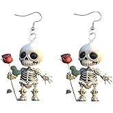 Halloween Skeleton Dangle Earrings for Women Cute Gothic Skull Spooky Rose Drop Earrings Acrylic Accessories Halloween Valentine's Day Jewelry Gifts