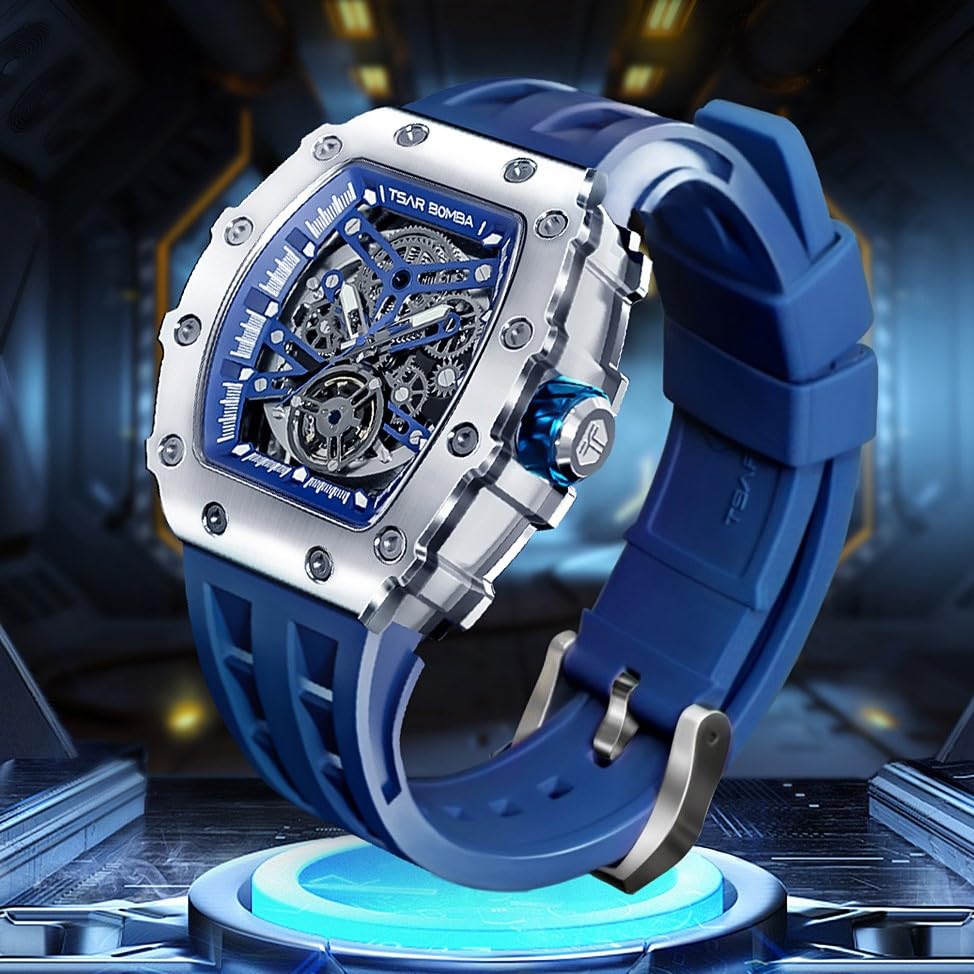 TSAR BOMBA Automatic Tonneau Carbon Fiber Bezel Luxury Mens Watches 50M Waterproof Skeleton Mechanical Stylish Watch for Men Simple Men’s Silver Wrist Watch Cool Unique Watch with Silicone Strap