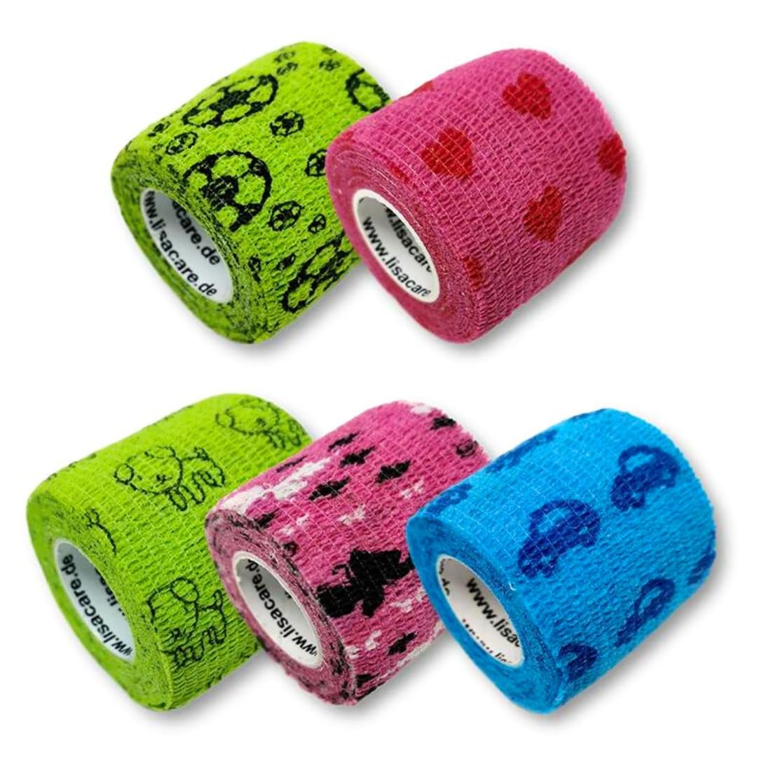 LisaCare Fixierbinde 5cmx4,5m - Set of 5 Colorful With Motifs | Cohesive Bandage | Wound dressing | Plaster Bandage | Children's Plaster | Elastic Bandage Material