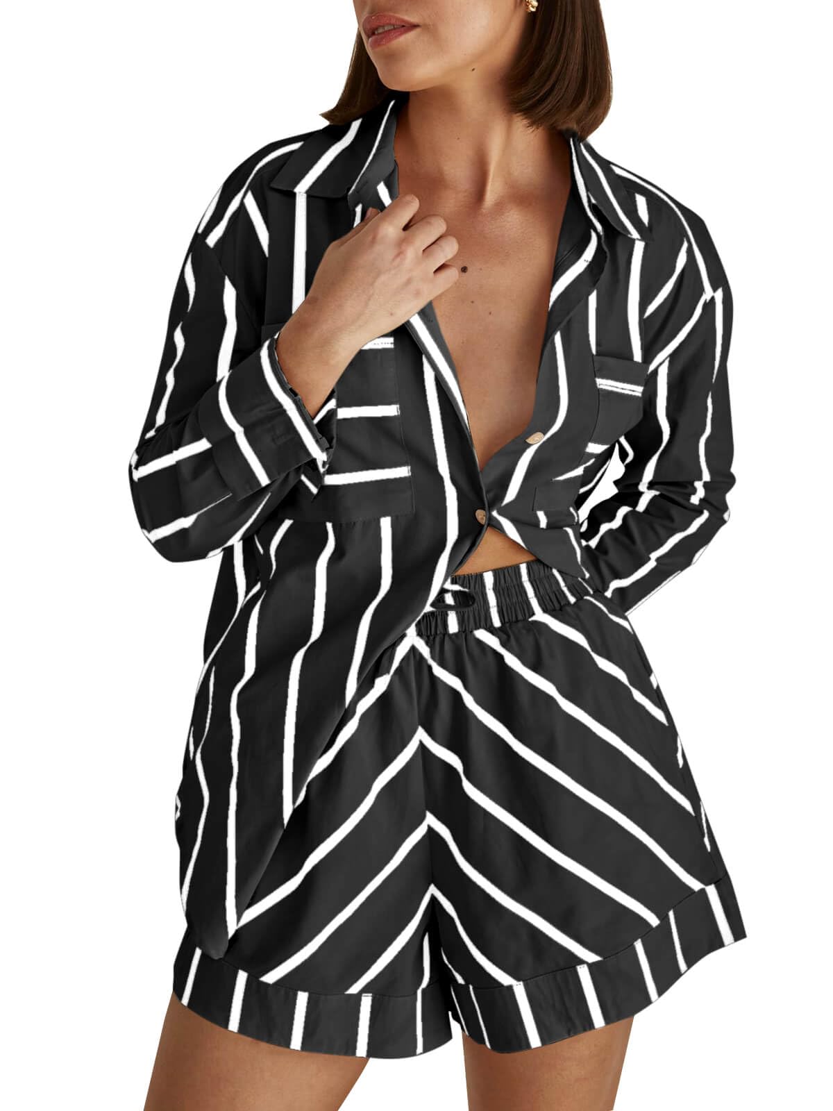 Photo 1 of Tankaneo Womens Striped 2 Piece Outfits Button Down Shirts and Shorts Lounge Matching Sets Black