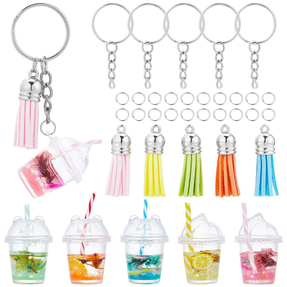 SUNNYCLUE 35pcs DIY 5 Sets Bubble Tea Keychain Kit Bubble Tea Charms Bubbles Key Chains Mini Milk Cup Keychain Fruit Drink Keychains Set Mini Cup Charms for Jewellery Making Kits Keychains Supplies