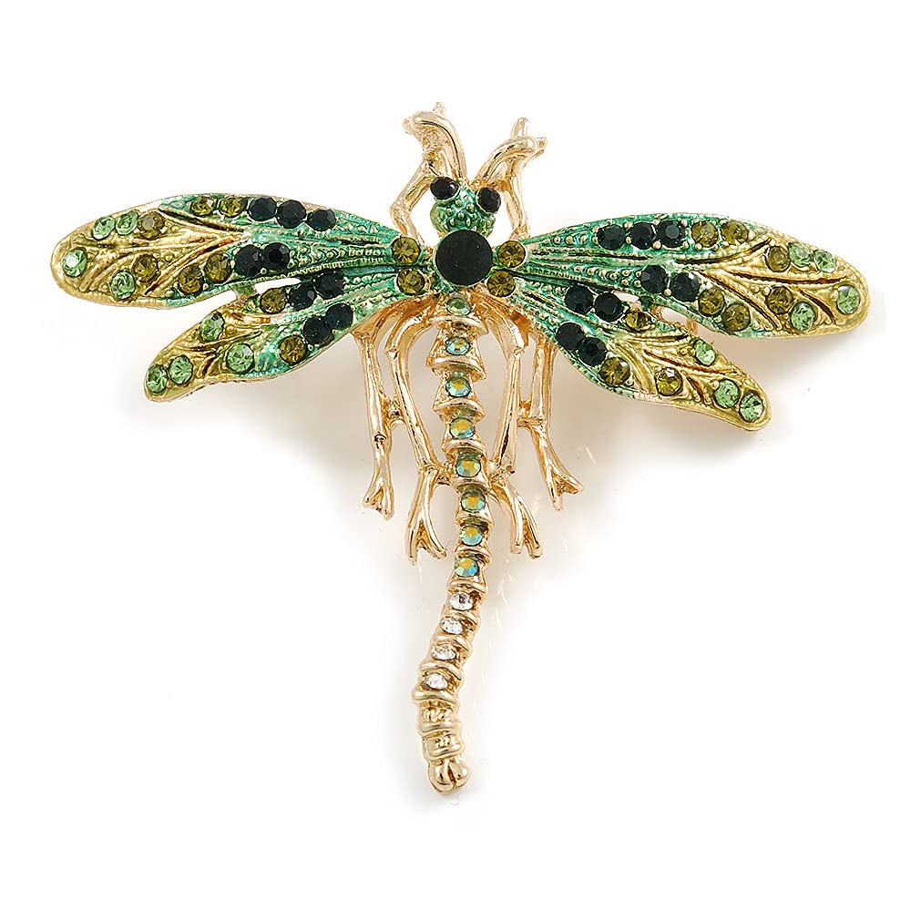 Green/Olive Diamante Dragonfly Brooch in Gold Tone Metal - 70mm Across