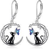 Cat Earrings for Women Sterling Silver Moon Dangle Earrings Filigree Moon and Black Cat Jewelry Gifts Birthday Gifts for Wife