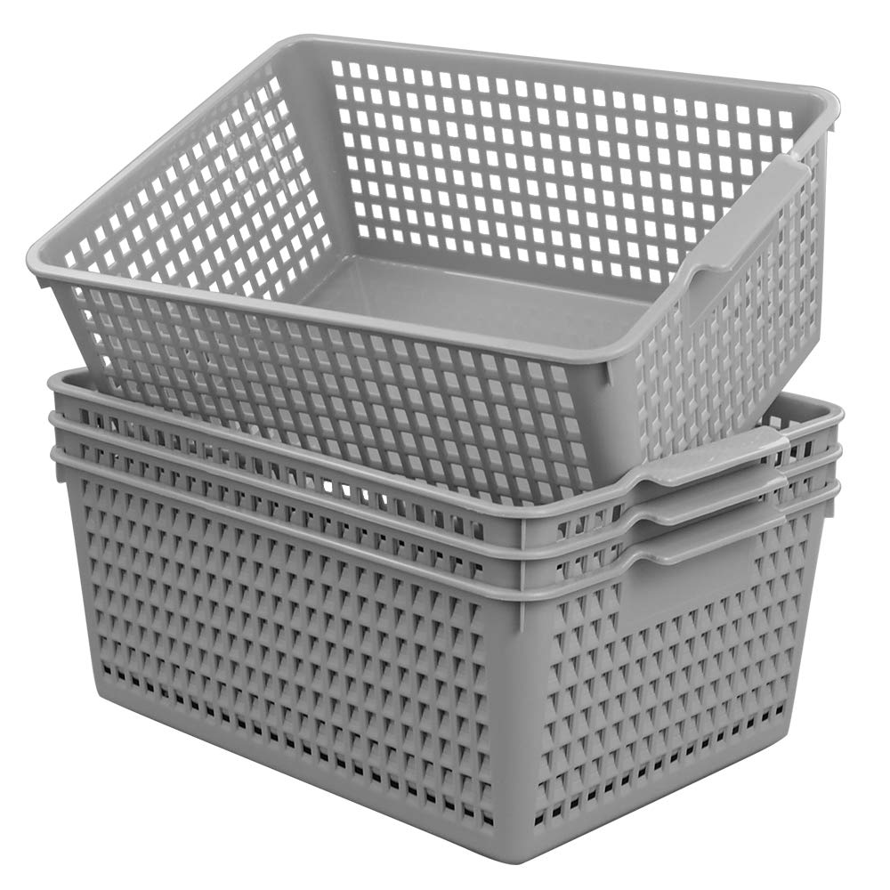 Sandmovie 13 L Gray Plastic Large Storage Baskets, 35.1cm x 26cm x 14.5cm, 4 Pack