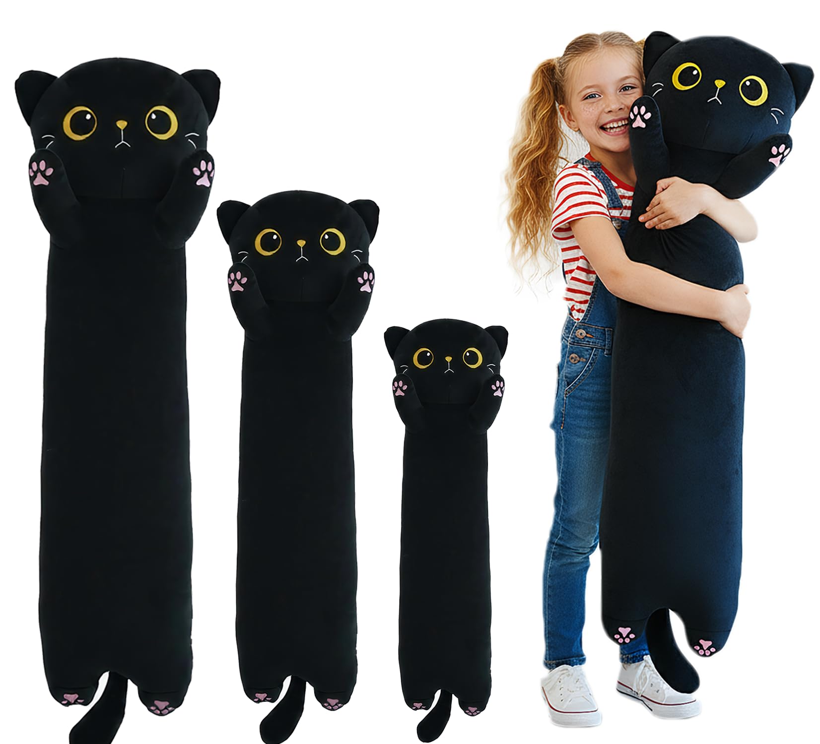 Kekeso Long Cat Plush, Soft Black Cat Pillow Cute Stuffed Animal Toy Hugging Pillow Birthday for Kids Adults (90cm/35.43inch)