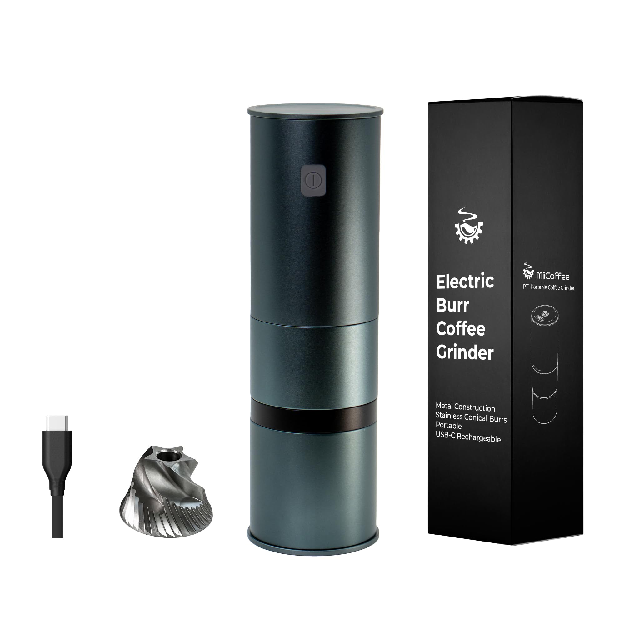 MiiCoffee PT1 Portable Electric Burr Coffee Grinder, USB-C Rechargeable Stainless Conical Burr Grinder, Aluminum Body with Cleaning Brush Included