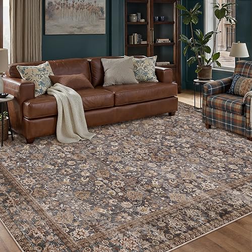 HUGEAR Brown Blue Vintage Floral Washable Area Rug