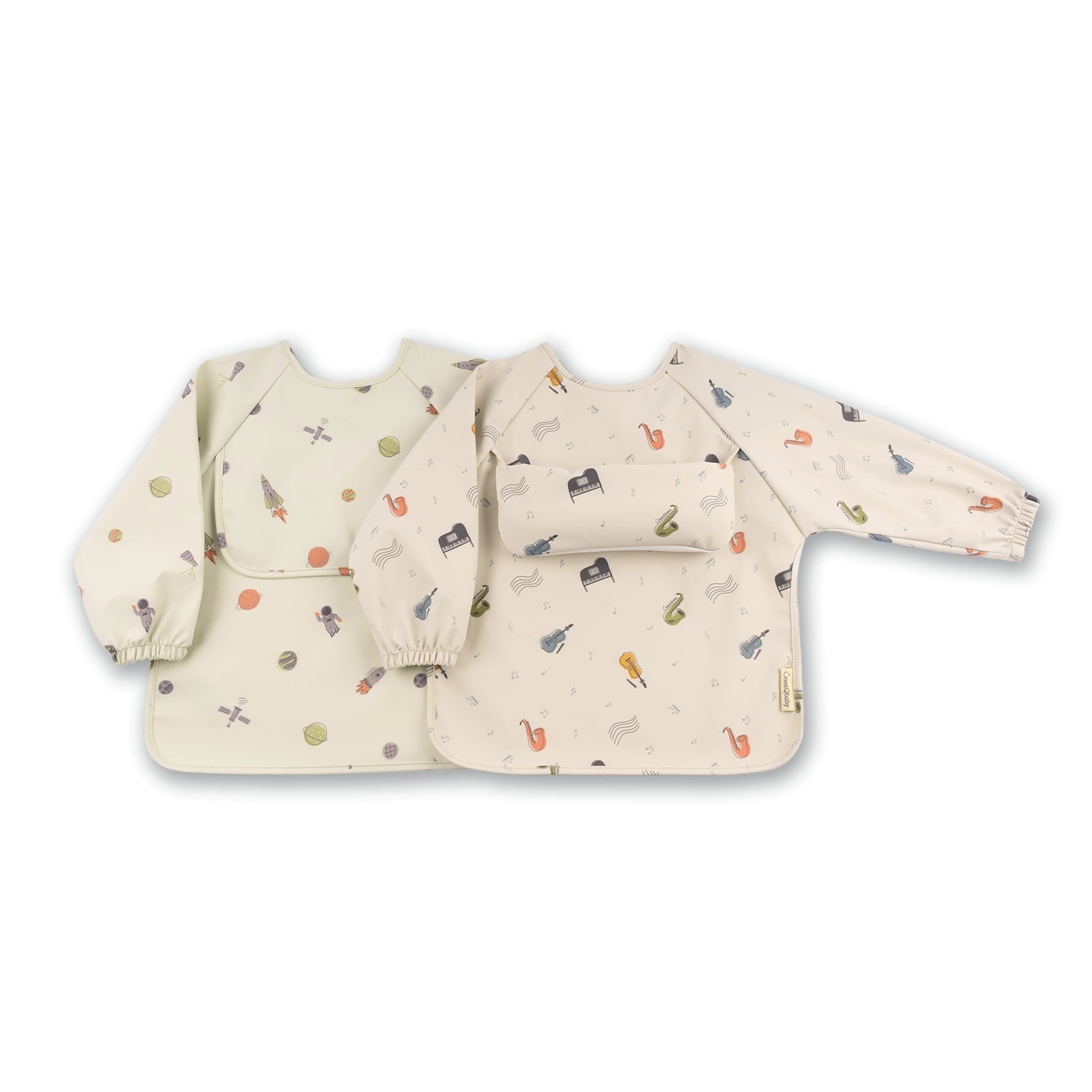 ÜneeQbaby Waterproof Baby and Toddler Bibs - Pack of 2, Long Sleeve Oeko-TEX for Feeding and Messy Play with Chest Pocket, Coverall Mock (Small (6-18 Months), Eggplant Music, Purple Space)