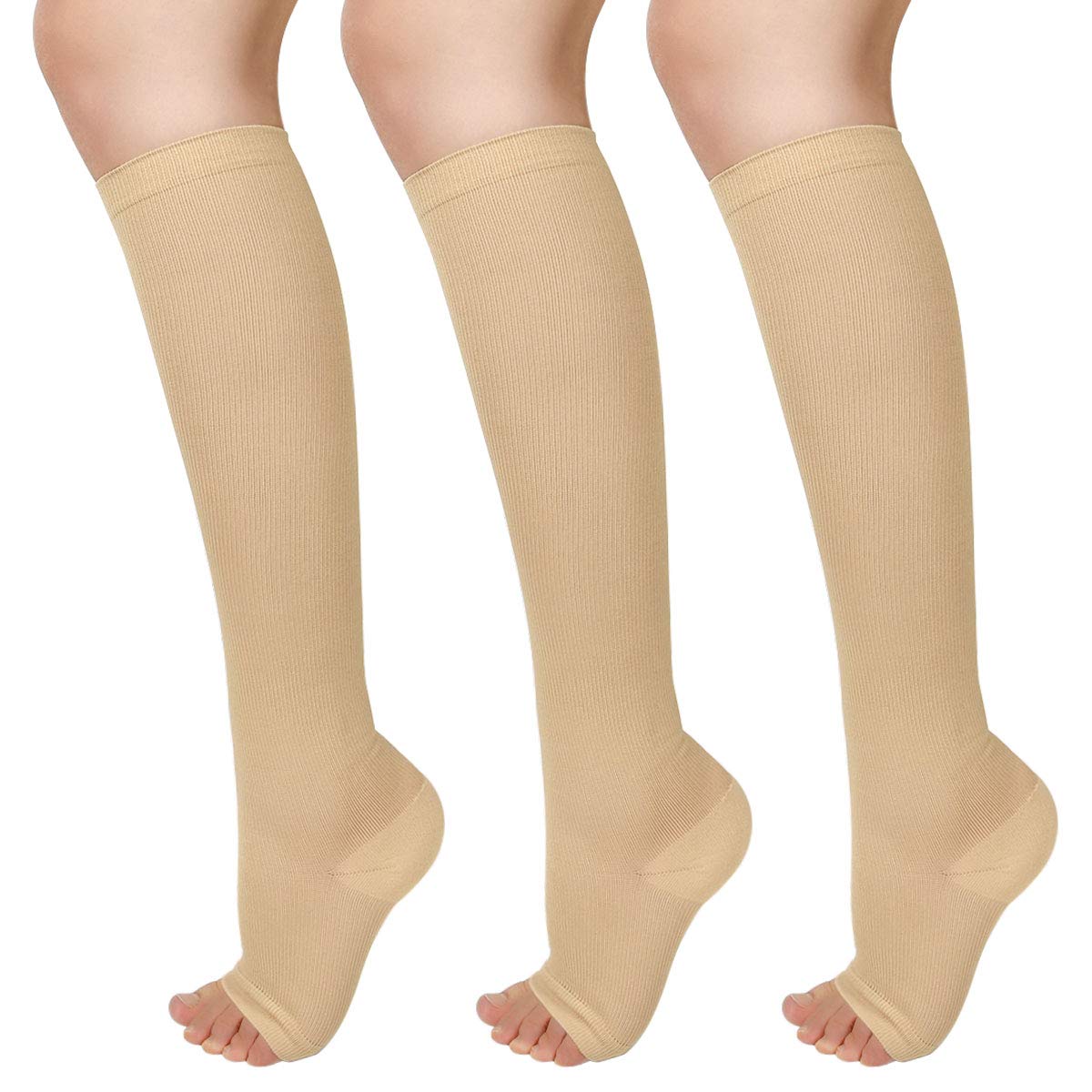 Evolyline 3 PAIRS Compression Socks for Women & Men, Open Toe Medical Compression Stockings Knee High 15-25mmHg for Nurses Running Flying Pregnancy Flight Sports, Fit for Swollen Ankles Varicose Veins
