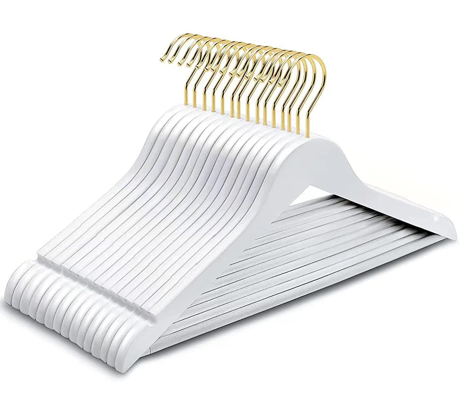 Amber Home 44.5cm Premium White Wooden Coat Hangers 10pcs, Wood Clothes Hanger with Non Slip Pants Bar and Smooth Notches, Solid Suit Hangers Rack for Jacket Dress Blouse Shirt Trousers, Gold Hook
