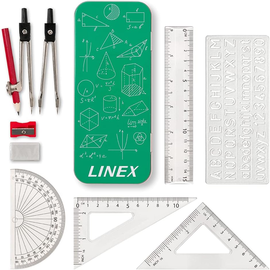 Linex Maths Set 10-Piece Geometry in Metal Tin Compass Protractor Ruler
