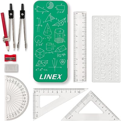 Linex Maths Set 10-Piece Geometry in Metal Tin Compass Protractor Ruler