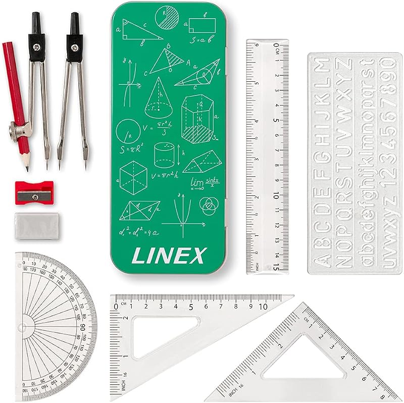 Linex Maths Set 10-Piece Geometry in Metal Tin Compass Protractor Ruler