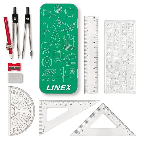 Linex Maths Set for Students, Geometry Set in a Tin, 10 Pieces, Compass, Protractor