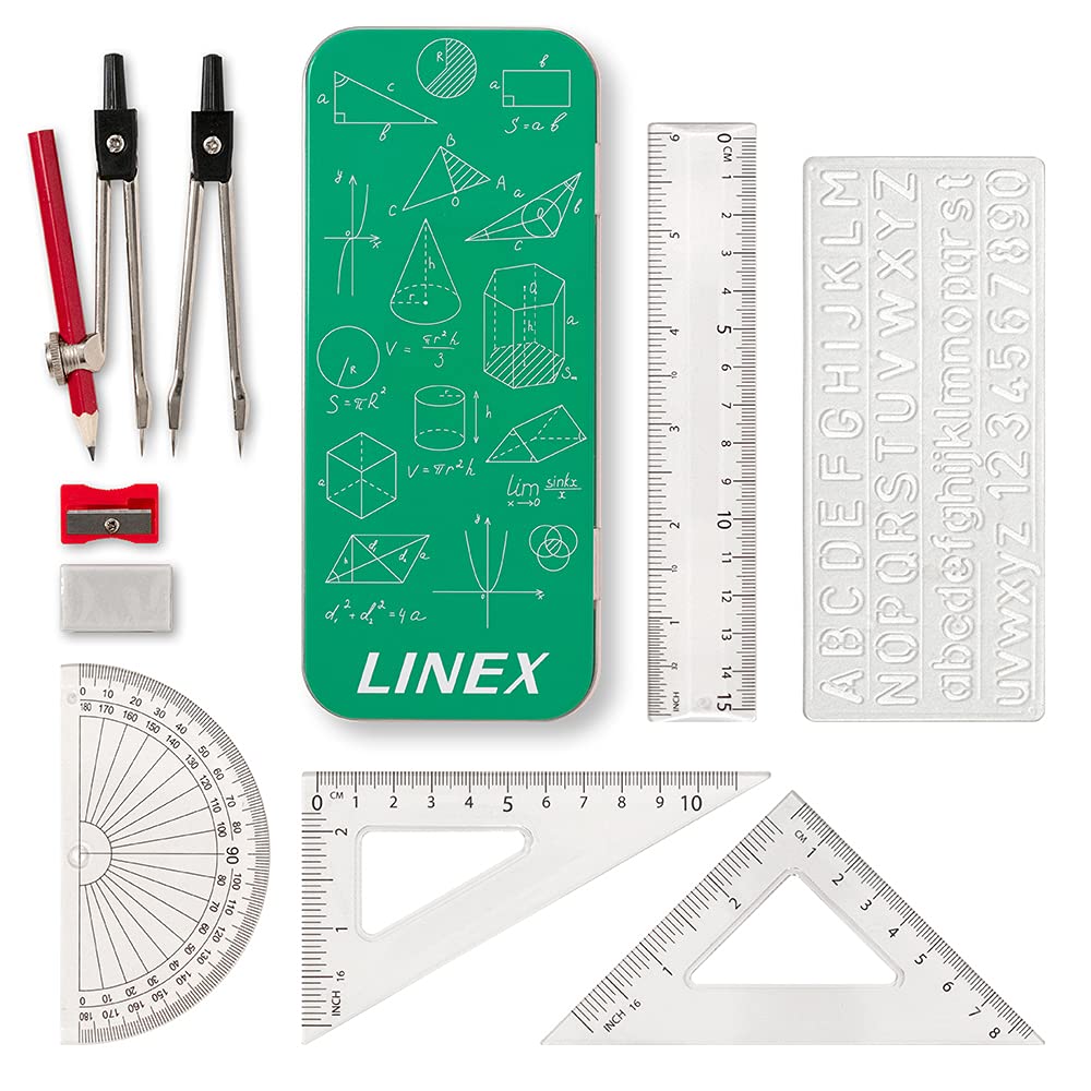 Linex Maths Set for Students, 10-Piece Geometry Set in Metal Tin, Compass, Protractor & Ruler – Exam-Ready Mathematical Instruments