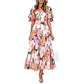 Flessibili Womens V Neck Flutter Sleeve Boho Midi Dress Summer Wedding Guest Beach Party Long Dresses