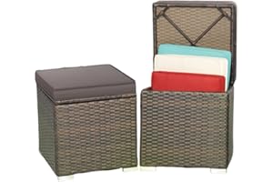 MEDIMALL Patio Wicker Ottoman Set of 2, Multipurpose Outdoor Footstool w/Removable Cushions, Rattan Side Table w/Storage, Footstool Ottoman Seat for Garden, Backyard, Poolside (Gray)