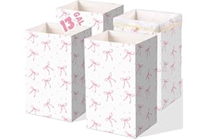 Yiyiring 4 Pack Pink Bow Birthday Party Supplies Extra Large Disposable Trash Cans 13 Gallon Portable Garbage Can with Trash Bags Extra Thick Pop up Garbage Cans for Party Event