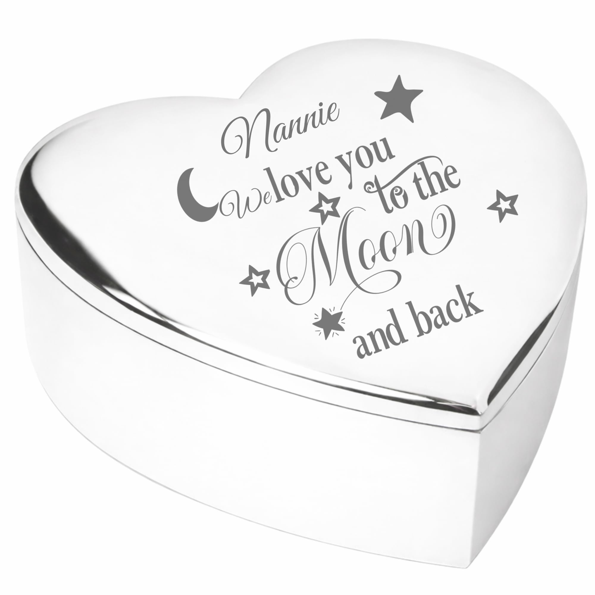 Chris Bag Of Goodies Nannie We Love You To The Moon and Back Stars and Moon Silver Finish Engraved Heart Shaped Trinket Box