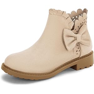 Coutgo Girls Bow Ankle Boots Ruffled Chunky Heel with Classic Side Zipper Dress Booties for Little Kids/Big Kids