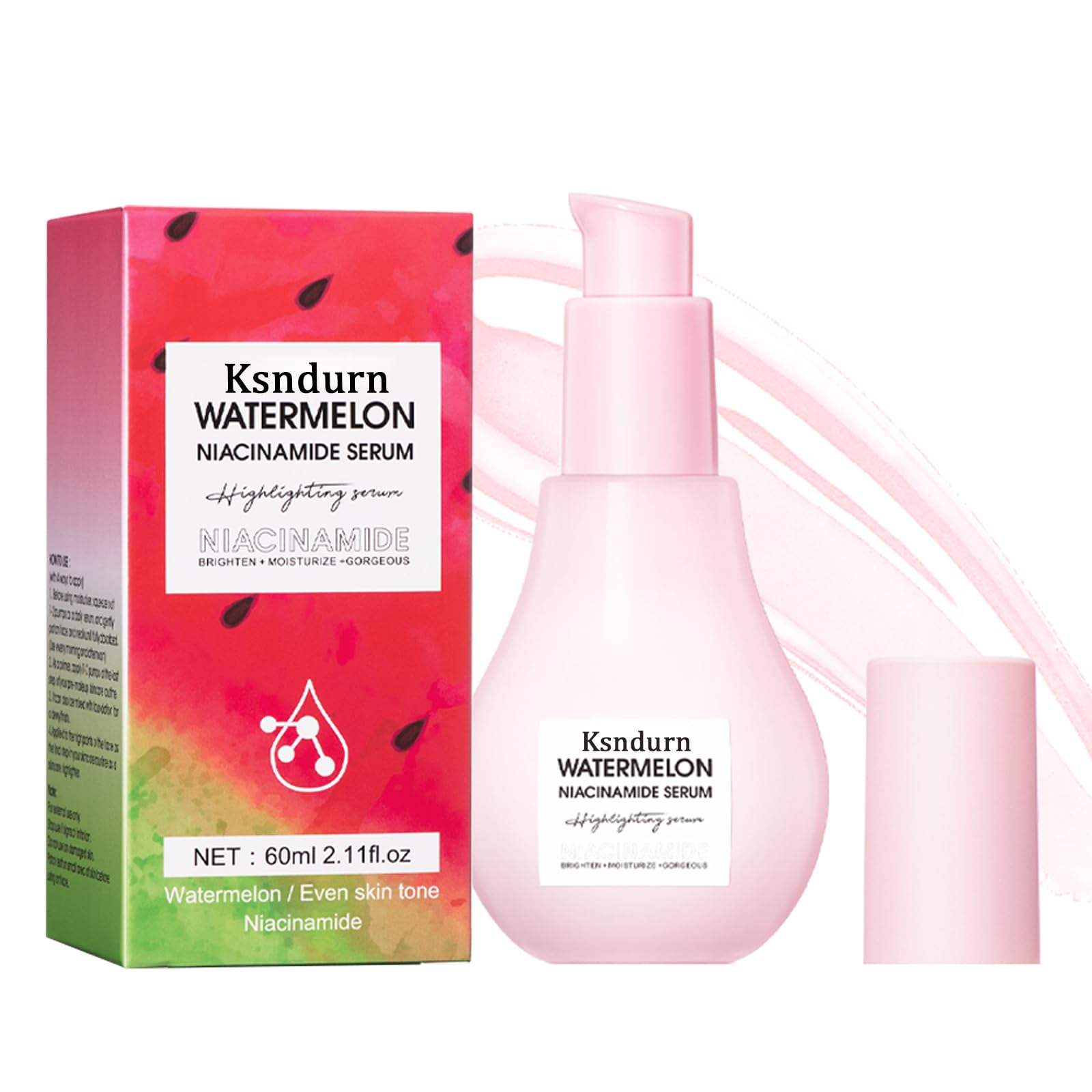 Watermelon Glow Niacinamide Moisturize Serum, Ksndurn Facial Serum with Hyaluronic Acid Glycerin Vitamin E - Lightweight Facial Serum & Priming Liquid Highlighter (60ml)