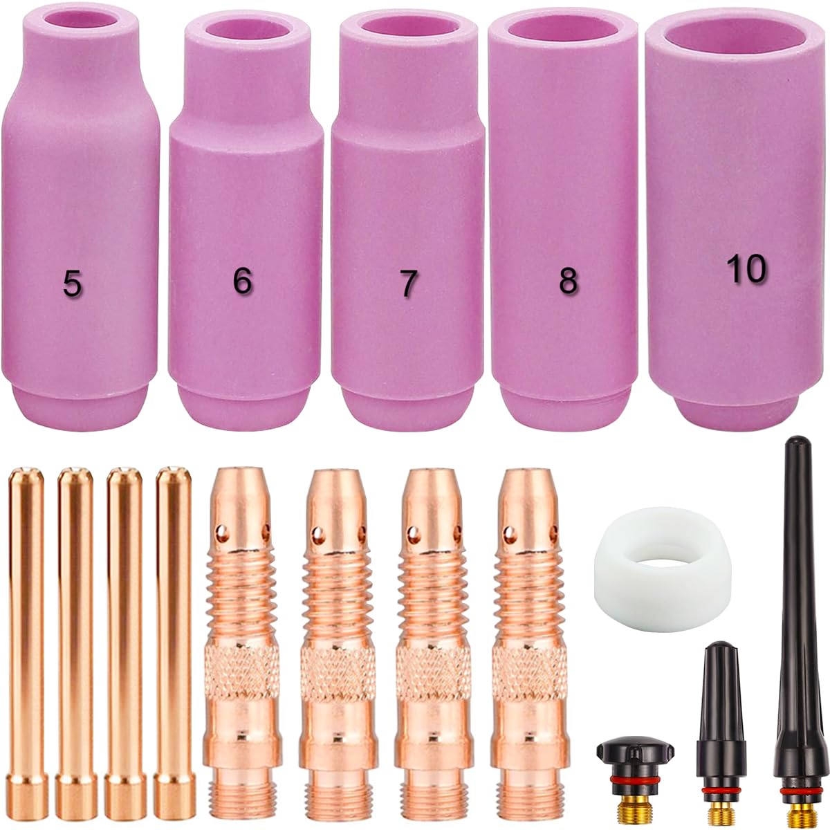 EATBALE For TIG Torch Consumables Accessories Kit for TIG Welding Torch QQ300 PTA DB SR WP 17 18 26, Collet Body, Collet, Alumina Nozzle (#5-#10), Back Cap, Gasket (17Pcs)