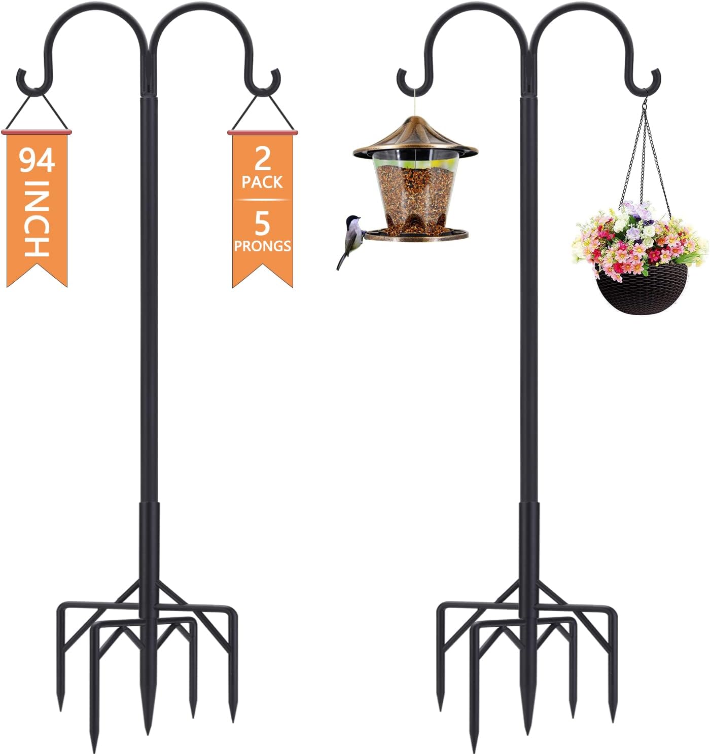 Outdoor Shepherd's Hooks - RINLAIN Bird Feeder Pole,Double Shepherds Hooks for Outdoor,5 Base Prongs Adjustable Bird Feeder Stand for Hanging Heavy Duty Bird Feeder,Plant Baskets,Garden Plant Hanger Stands(94Inch,2Pack)