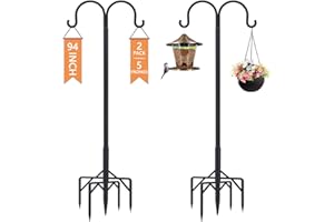 RINLAIN Bird Feeder Pole, Double Shepherds Hooks for Outdoor, 5 Base Prongs Adjustable Bird Feeder Stand, Plant Baskets, Garden Plant Hanger Stands (94Inch, 2Pack)