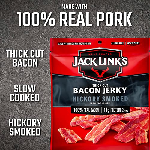 JACK LINK’S BACON JERKY, HICKORY SMOKED – FLAVORFUL READY TO EAT MEAT SNACK WITH 11G OF PROTEIN PER SERVING, MADE WITH 100% THICK CUT REAL BACON, PROTEIN SNACK, KETO FRIENDLY, 2.5 OZ.