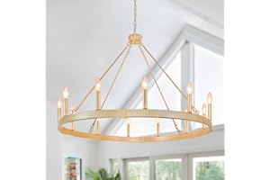 Rviezza Gold Wagon Wheel Chandelier 37.4 inch, 12-Light Large Round Industrial Gold Farmhouse Chandeliers for High Ceilings Dining Room Living Room Foyer Entryway Outdoor Porch