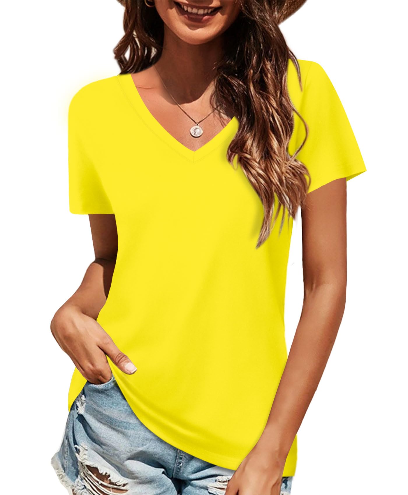 Elesomo Womens Casual Cotton V Neck T Shirts Summer