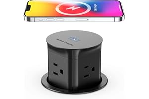 Jgstkcity Pop Up Outlet with 15W Wireless Charger,4 Outlets 15A, Splash Resistant,3 inch Desk Hole Power Grommet,Space Saver Pop Up Power Outlet for Kitchen Countertop,Office Conference Table (Black)