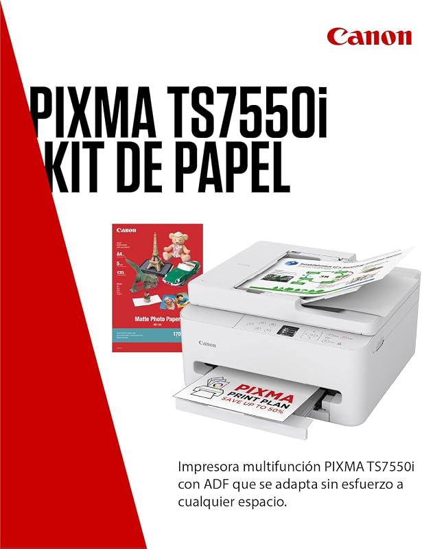 PIXMA TS7550I - Impresora Todo en Uno con Conectividad Wi-Fi, ADF de 35 Hojas y Pantalla OLED de 1,42 PIXMA Print Plan - Incluye Papel Fotográfico A4 MP-101, 5 Hojas
