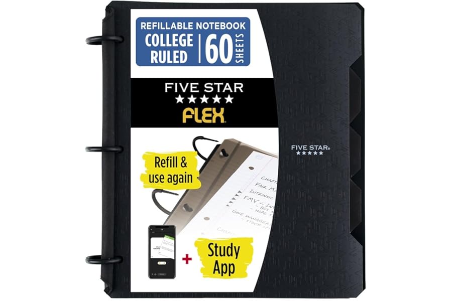 Five Star Flex Refillable Notebook + Study App, College Ruled Paper and 1 Inch TechLock Ring Binder with Pockets, Tabs and Dividers, 200 Sheet Capacity, Black (29328AA2)